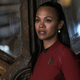 Zoe Saldana as Uhura in the recent Star Trek films wears her red Starfleet uniform,